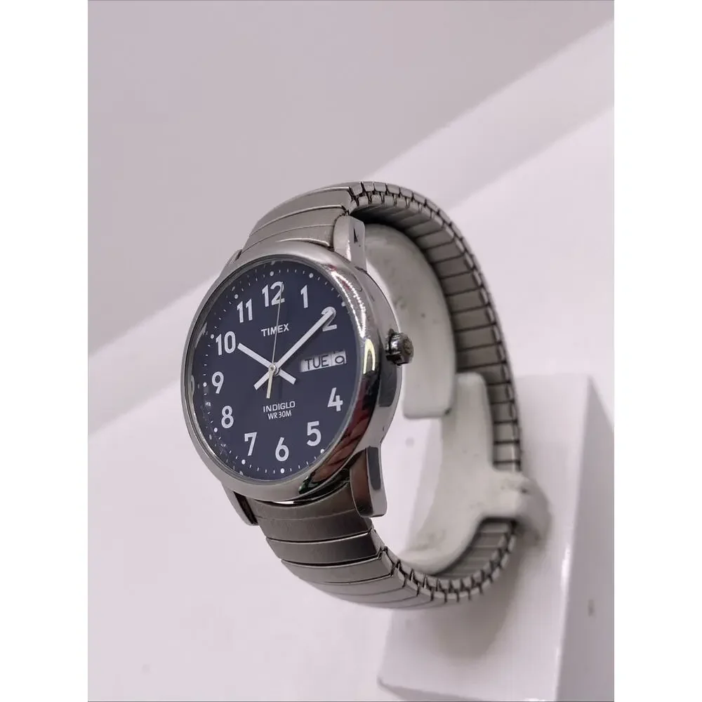 Timex Indiglo Mens Silver Stretch Watch Works New Battery